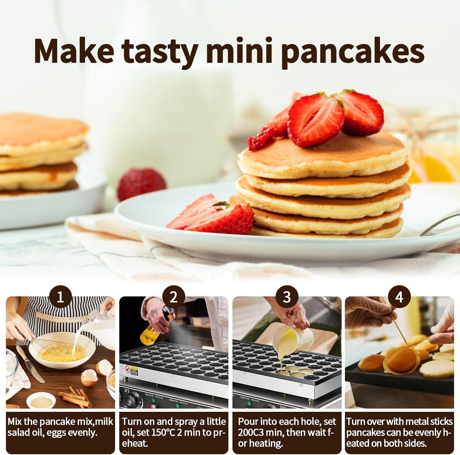 Yonopro 50PCS Mini Pancake Maker, 110V 1800W Commercial Mini Dutch Pancake Maker, 1.8 In Commercial Nonstick Waffle Maker with  2 Thermostats & 2 Timers Separate Control, for Home Restaurant