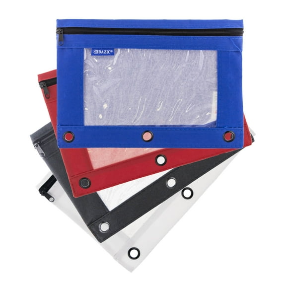 BAZIC 3 Ring Pencil Pouch, Clear Window, Classic Color, 4-Pack