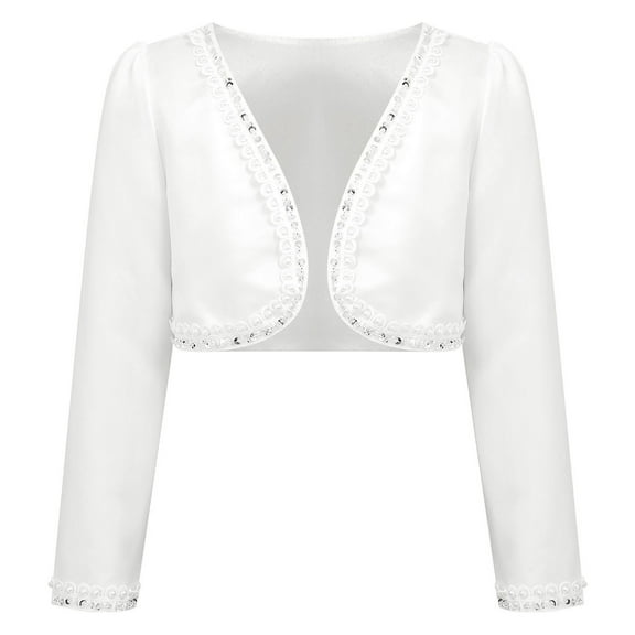 YONGHS Kids Girls Shrug Bolero Beads Long Sleeve Wedding First Communion Open Cardigan Ivory 14/160/11-