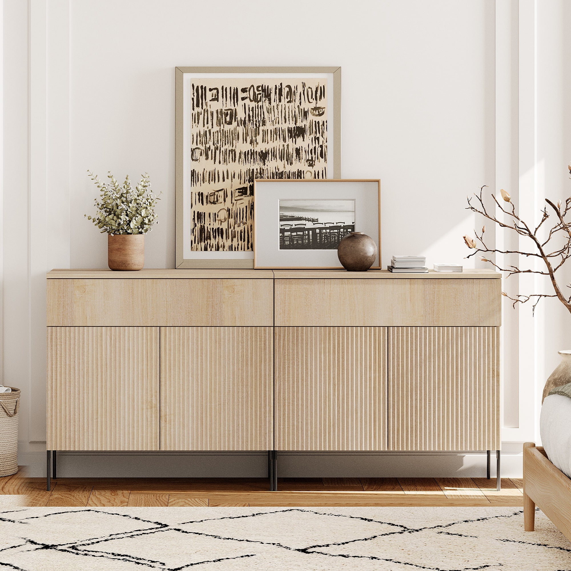 63" Wood Drawer Reeded Dresser for Bedroom Set of 2, Minimalist Modern Cabinet, Storage Dresser Organizer for Bedroom Living Room Hallway Closet