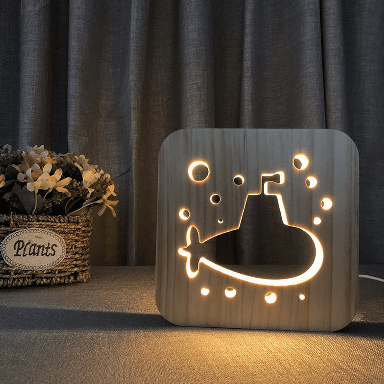 Light Bulb Night Light For Submarine Wooden 3D Lamp Creative Wooden Lights Simple Decorative Lights 3D Wood Carving Pattern LED Night Light for Desk