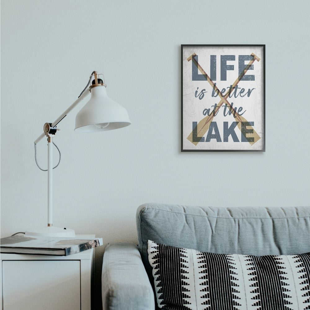 Stupell Industries Life is Better at the Lake Quote Rustic Distressed Text Framed Wall Art Design by Daphne Polselli, 16" x 20", Black Framed