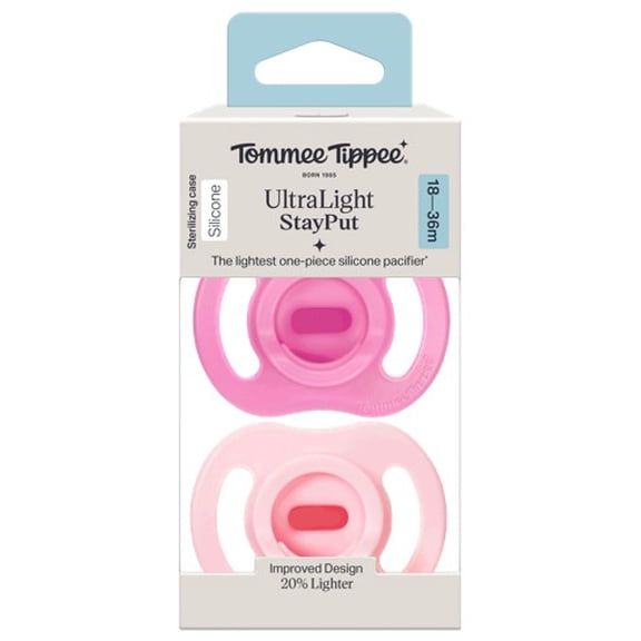 Tommee Tippee Ultra-light Stayput Pacifier, 18-36 Months, One-Piece Silicone Design, 2 Pack