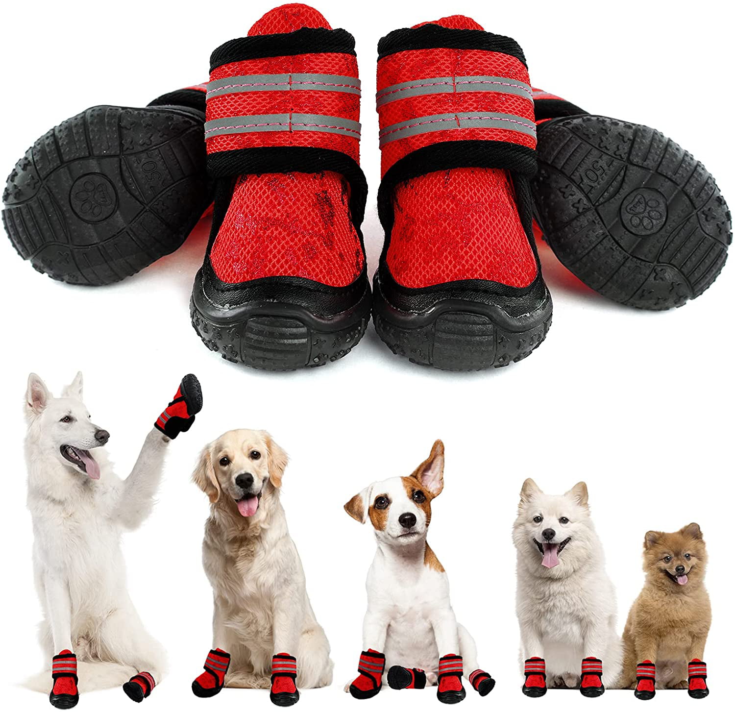 Indoor and Outdoor 4PCS Dog Outdoor Shoes with Adjustable Reflective Straps ​for Small Medium Large Dogs Paw Protectors for Hiking Dog Boots Anti-Slip Dog Shoes 
