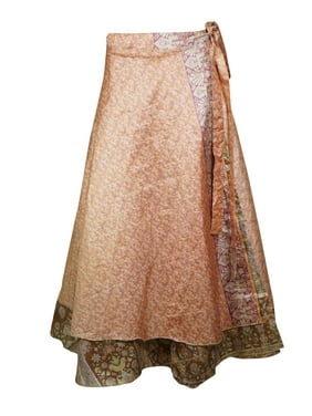 Mogul Women Peach Vintage Silk Sari Magic Wrap Skirt Reversible Printed 2 Layer Sarong Beach Wear Cover Up Long Skirts One Size