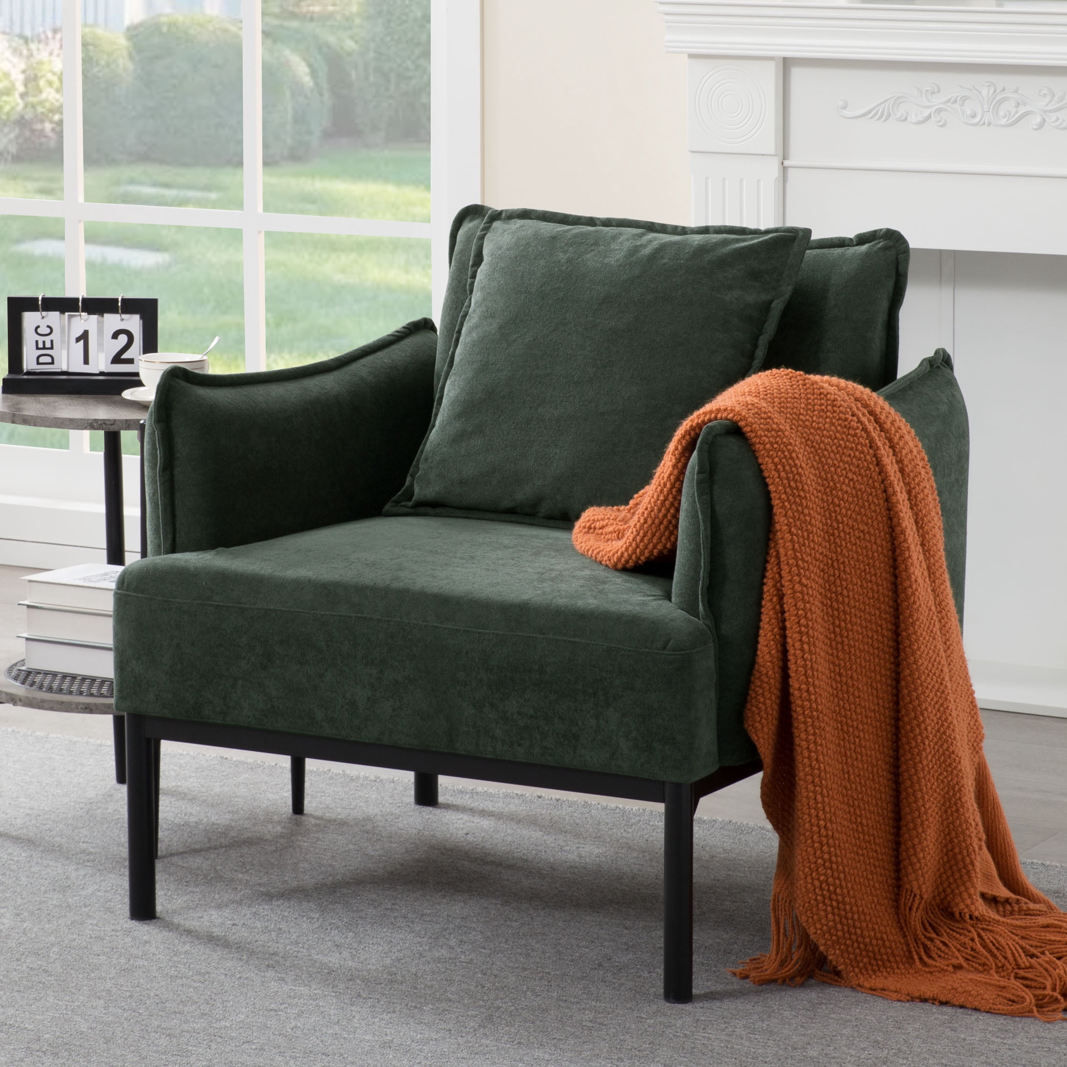 BSHTI 32.48" Modern Accent Chair with Curved Armrest, Upholstered Living Room Chair with Pillow, Solid Wood Frame & Metal Base, Non-Slip, Easy Assembly, Green