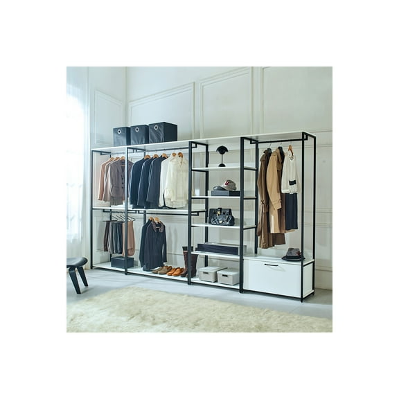 Fiona White Freestanding Walk in Wood Closet System with Metal Frame