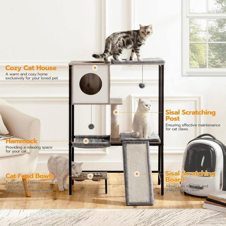 Wooden Cat Tree Versatile Cat Tower with Scratching Post Cat Hammock and Food Bowls 4 Tier Pet House for Indoor Cats Multi Cat Families Greige BG34MZ03 Walmart