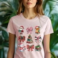 thumbnail image 5 of Book Lover Christmas Icons T-Shirt | Cute Santa Snowman Book Tree Holiday Tee, Azalea, Size S, 5 of 6