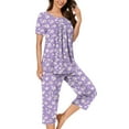 thumbnail image 2 of BiZtdJrK Womens Lounge Set, Pleated Short Sleeve Shirts and Capri Pants Lounge Set Ladies Casual Button Nightwear Tops Cropped Trousers Sleepwear Suits Prime Sales Clearance Purple 3XL, 2 of 6
