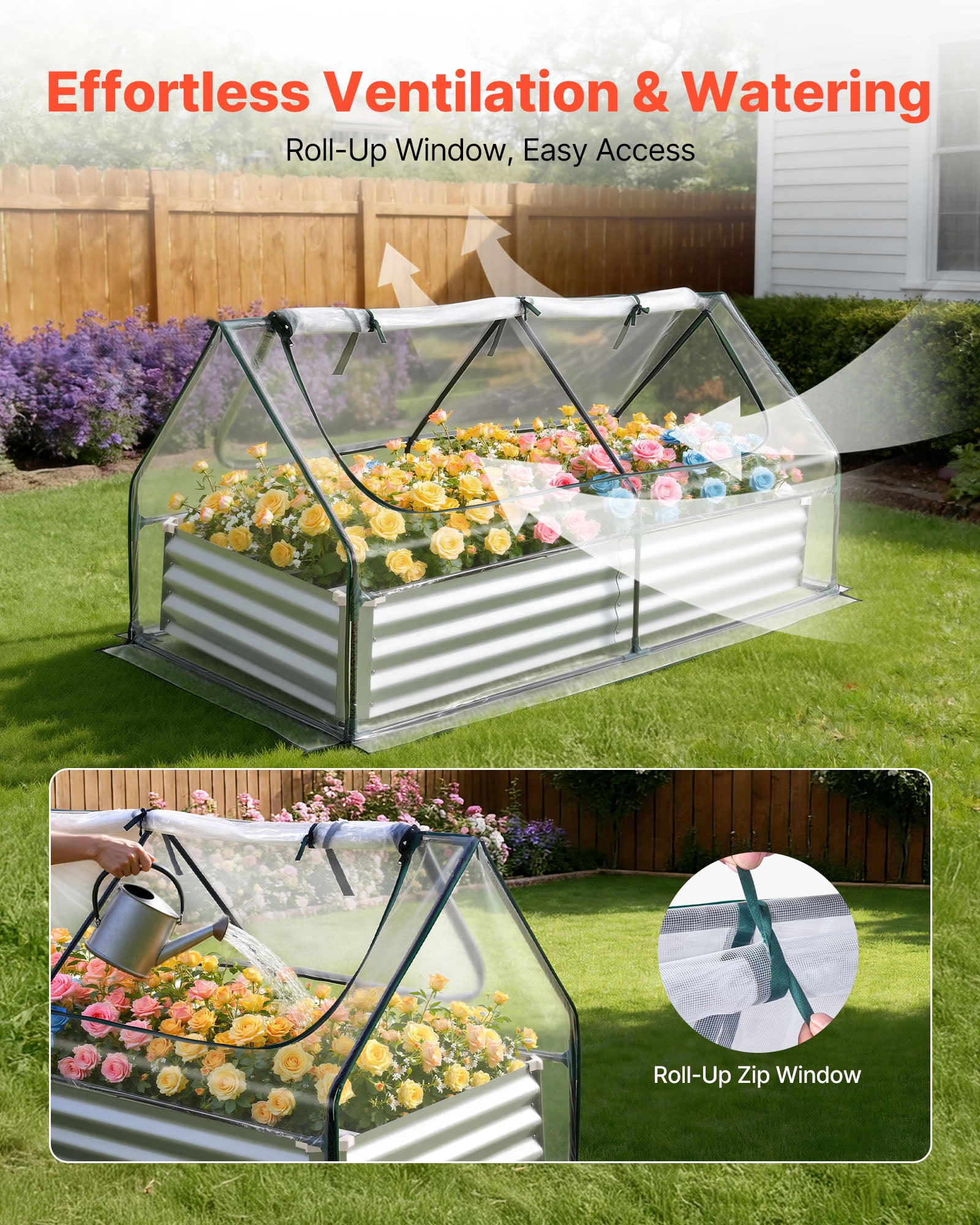 VEVOR Raised Garden Bed with Cover, 6 x 3 x 1 ft, Rectangular Galvanized Metal Planter Box Kit Outdoor, with PE Greenhouse Cover & Gloves, Rustproof Alu-Zinc, for Growing Flowers Vegetables, Silver