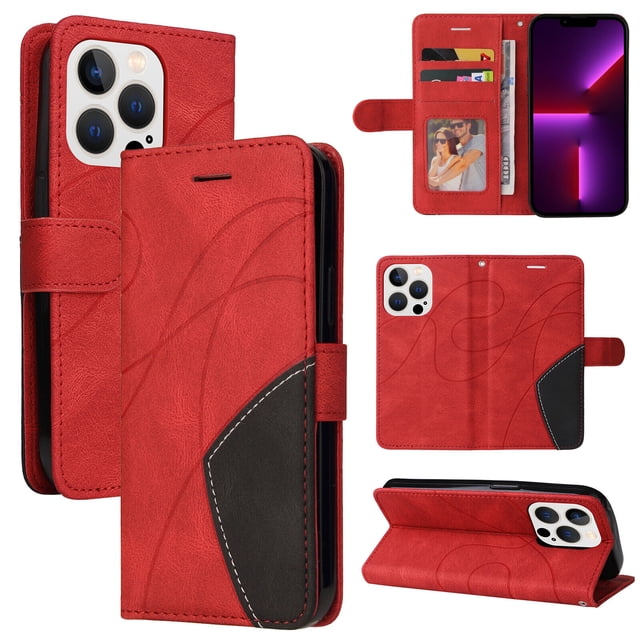 Compatible iPhone 14 Pro Case, Leather Wallet Case Stand View Magnetic Clasp Book Flip Folio Phone Cover - Red