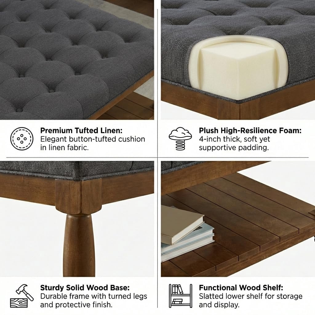 ODUWA Coffee Table Ottoman with Storage Shelf, Tufted Upholstered Footrest Stool, Solid Wood Base Accent Table for Living Room