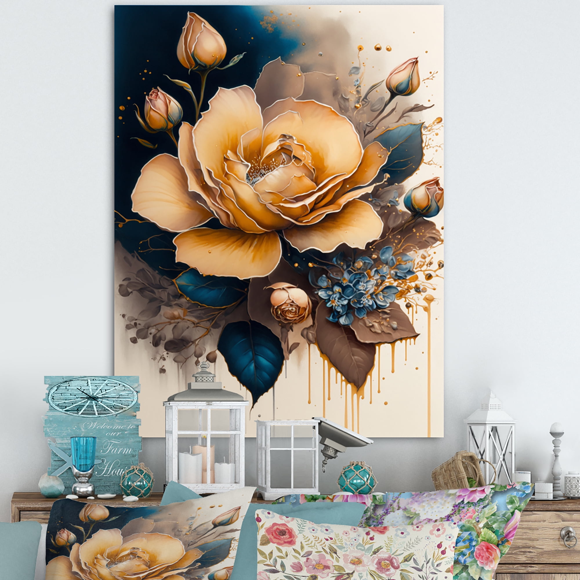 Designart Yellow And Blue Roses II Canvas Wall Art