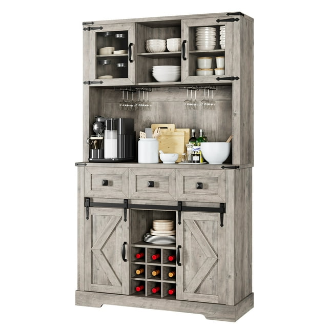 72in Farmhouse Bar Cabinet with Sliding Barn Door, Tall Kitchen Buffet Rustic Coffee Wine Bar Sideboard Gray