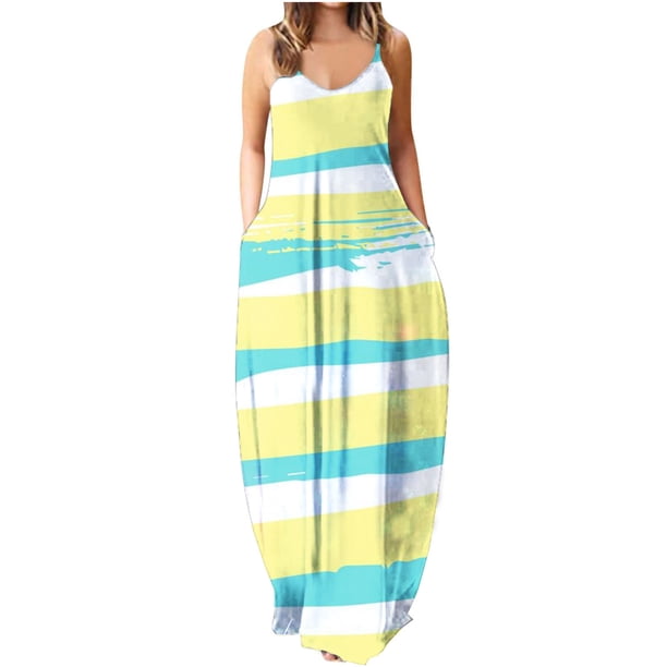 Vestido largo de playa ajustado con estampado Floral a rayas sin mangas con cuello en V y cintura media a la moda para mujer Pompotops ghjkhdj7193