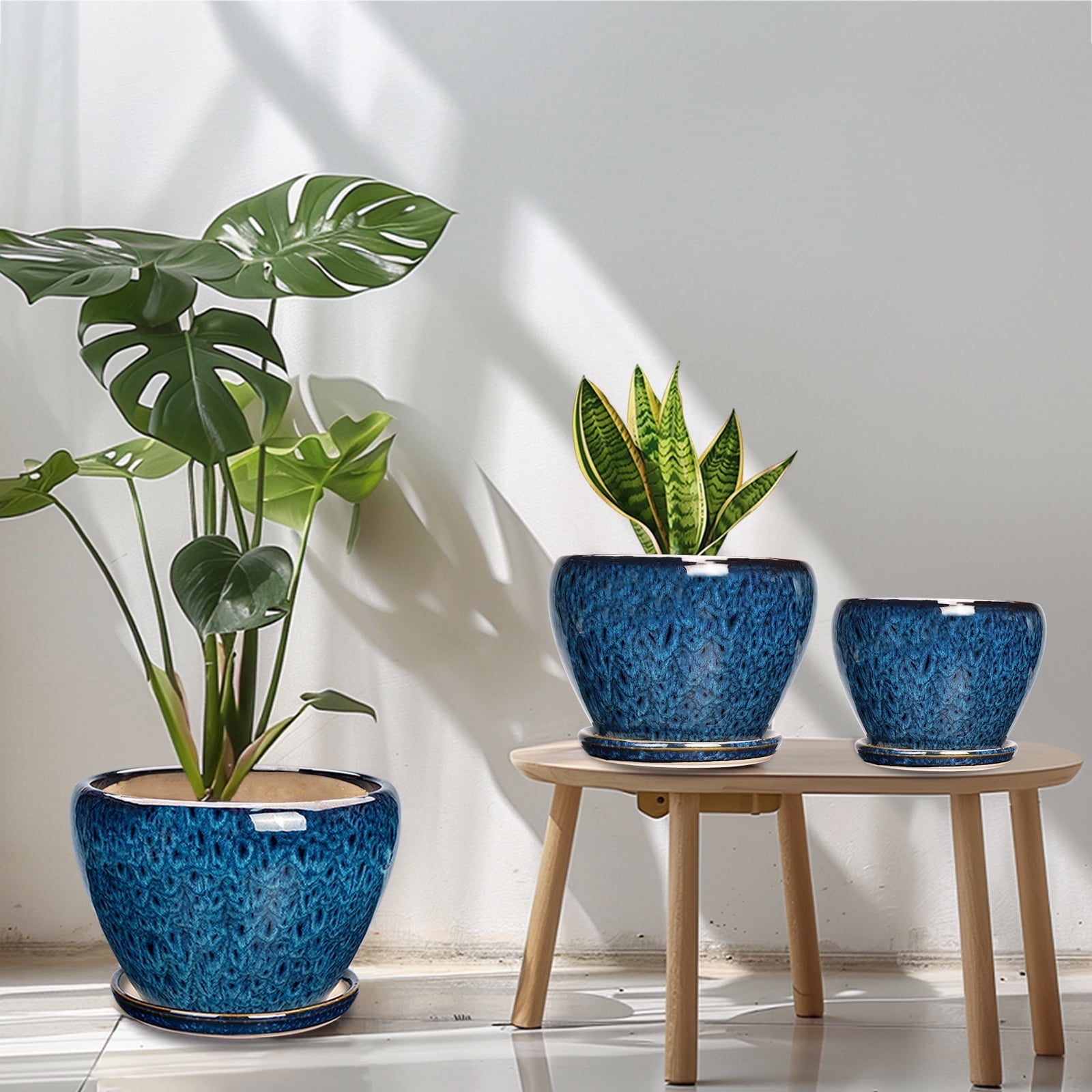 Ceramic Plant Pots ,10+8+6 inch Modern Large Flower Planters for Plants with Drainage & Saucer for Orchids & Succulents Housewarming Gift for Women, Set of 3 Blue-Glaze