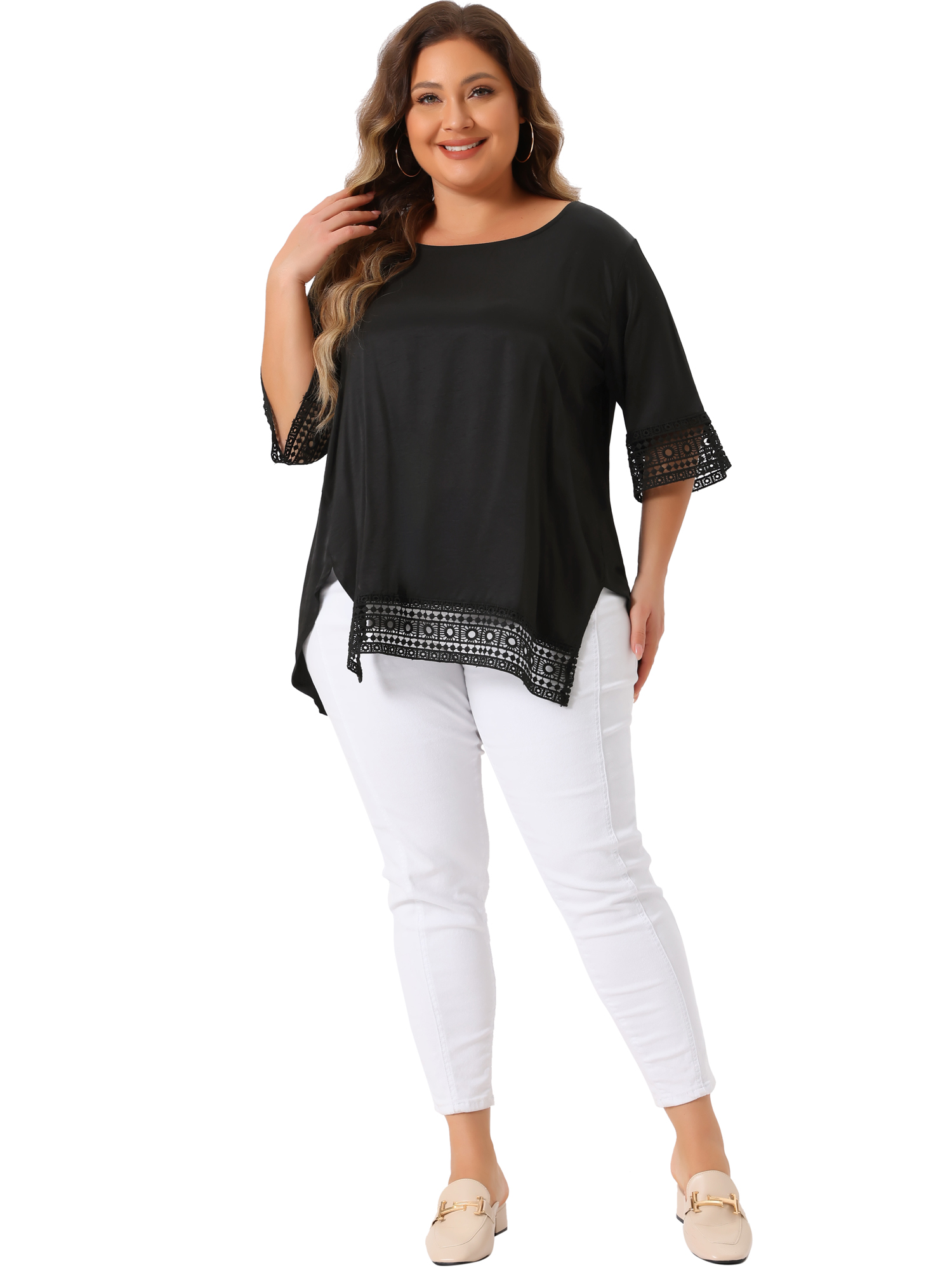 Women's Plus Summer Tops Lace Crochet Short Sleeve Casual Blouses 4X Black