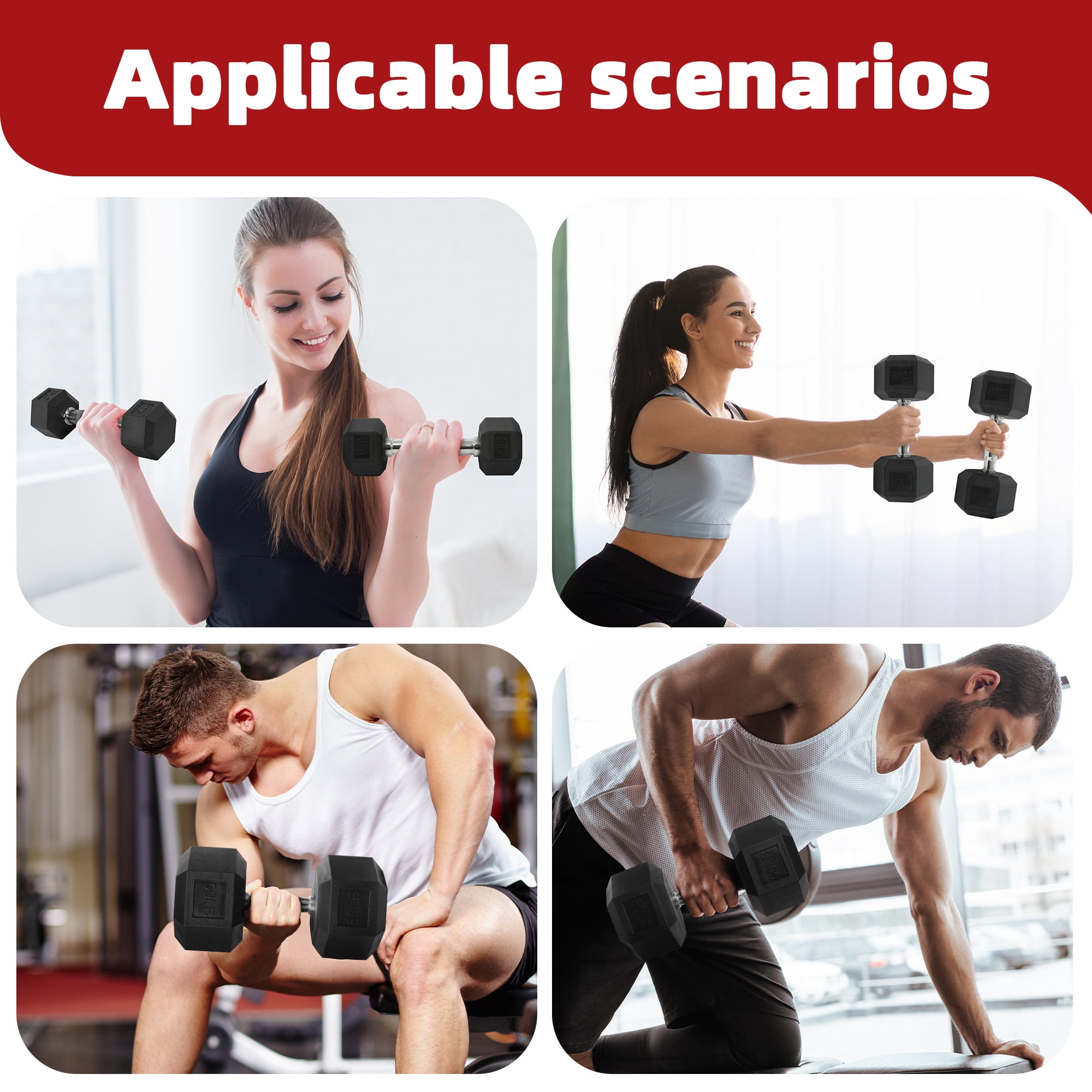 FlexWave Rubber Encased Hex Dumbbell Set – 70LB/80LB/90LB/110LB/120LB/130LB/140LB/160LB Total Weight, Black, Solid Cast Iron with Non-Slip Grip for Strength Training and Home Gym