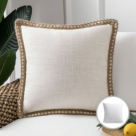 Phantoscope Linen Trimmed Farmhouse Series Decorative Throw Pillow, 18" x 18", Off White, 1 Pack