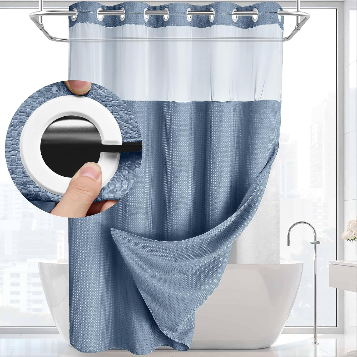 Zrodlmo No Hook Fabric Shower Curtain with Snap-in Liner, Waffle Waterproof and Mildew Resistant Bathroom Curtain, 72"x 74", Moon Blue