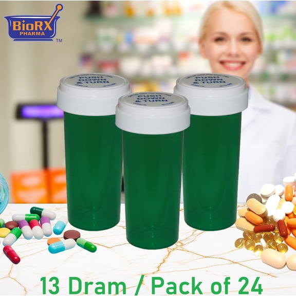Pharmacy Prescription Vials, Green Child Resistant Medicine Bottle, 13 Dram Reversible, Caps Included, Pack of 24 (Pill Container, Pharmacy Bottle, Pharmacy Container) by Sponix BioRx