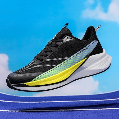 Men's Fluorescent Green Breathable Marathon Running Shoes Lightweight Shock Absorbing Reflective Athletic Sneakers