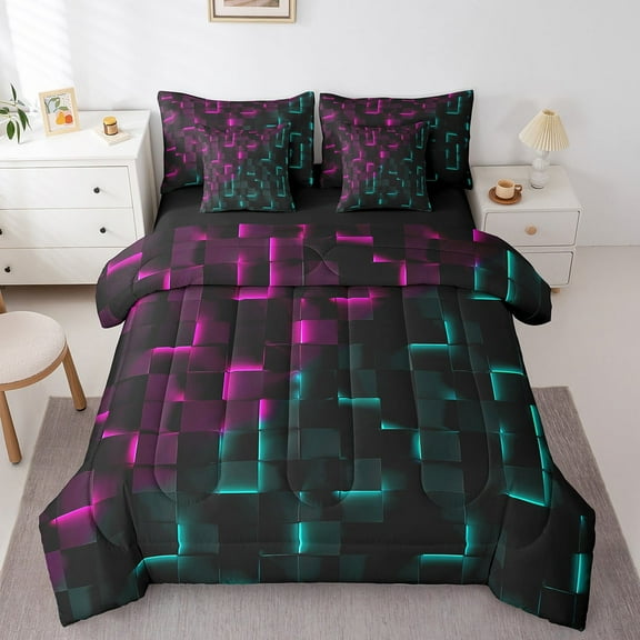 Erosebridal Plaid Buffalo Bedding Sets Twin Size,Geometric Grid Comforter Sets with Sheets,Neon Gradient Bed in a Bag Twin size,Breathable Boys Bedroom Decor,Reversible,7pcs
