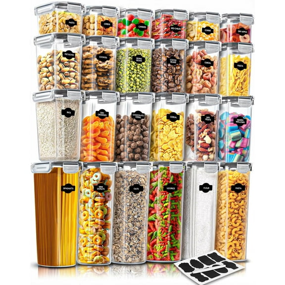Airtight containers for storage 24 pack, BPA free plastic pantry organizers with locking lids for cereal pasta rice flour sugar, space saving, clear