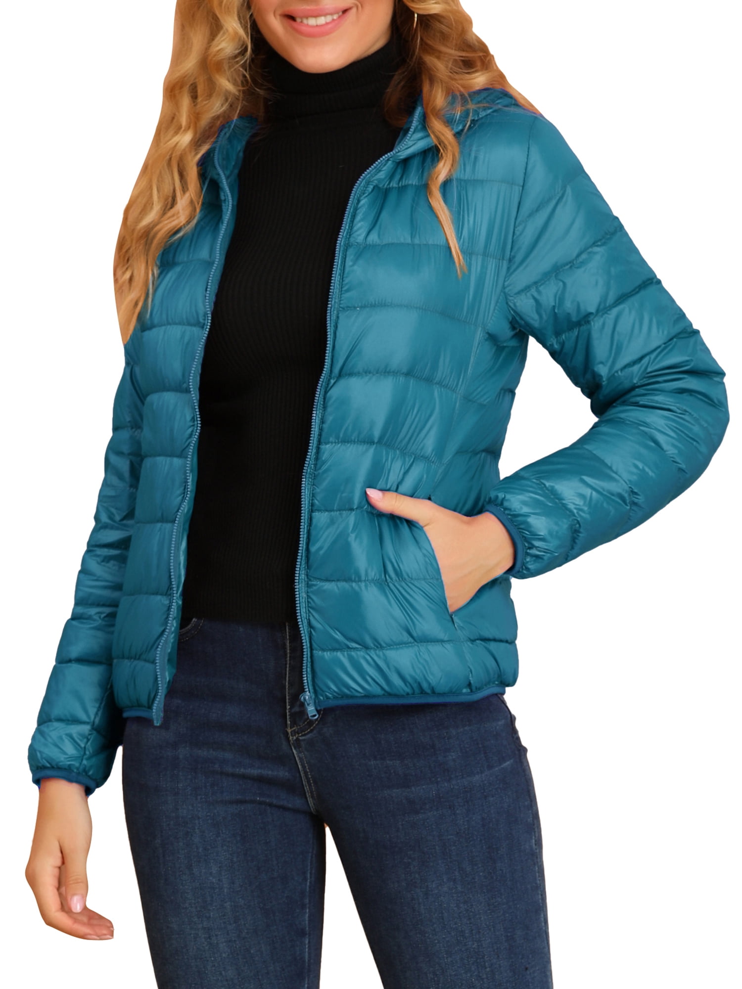 DARING DIVA Women's Hooded Zip Up Short Down Lightweight Jacket S Lake Blue