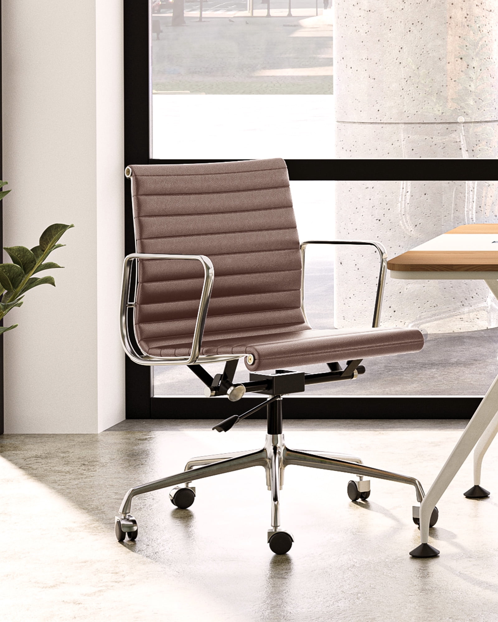 Mid-Back Ribbed Office Chair Adjustable Leather Computer Chair Ergonomic Lumbar Support,Swivel Desk Chair,Brown,1pc