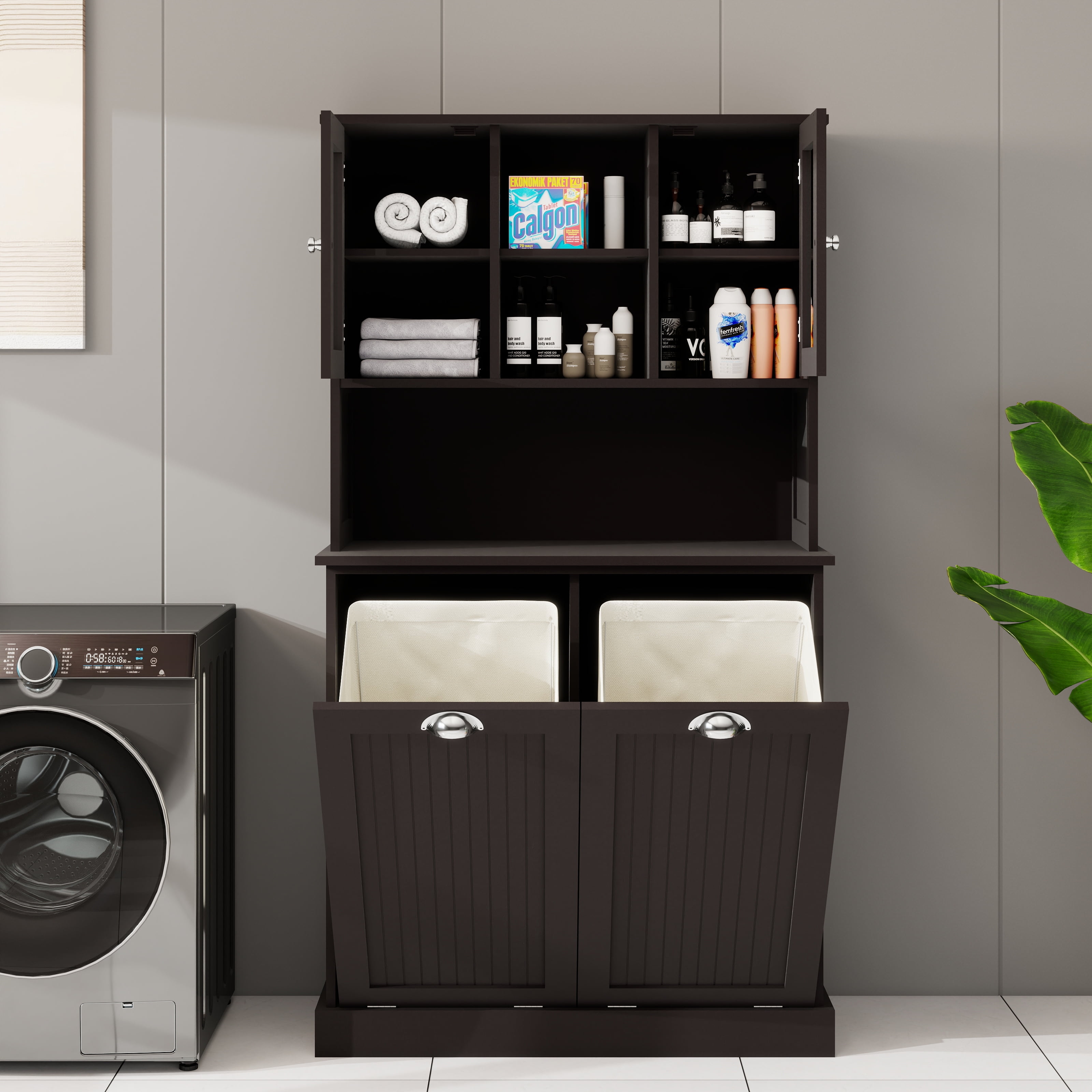 Mintazer Laundry Hamper Cabinet with 2 Compartment Tilt-Out Removable Laundry Baskets and Adjustable Shelves for Bathroom Laundry Room,Black