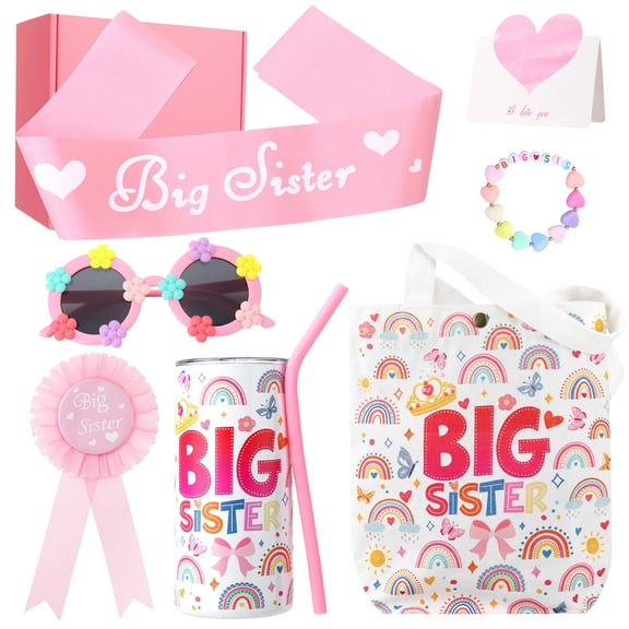 LUIISIS 7 Pcs Big Sister Gifts for Girls, Included 15 oz Stainless Steel Cup, Bracelet, Badge Pin, Sash, Sunglasses, Greeting Card and Canvas Bag, Promoted to Big Sister Gift Set for Little Girls