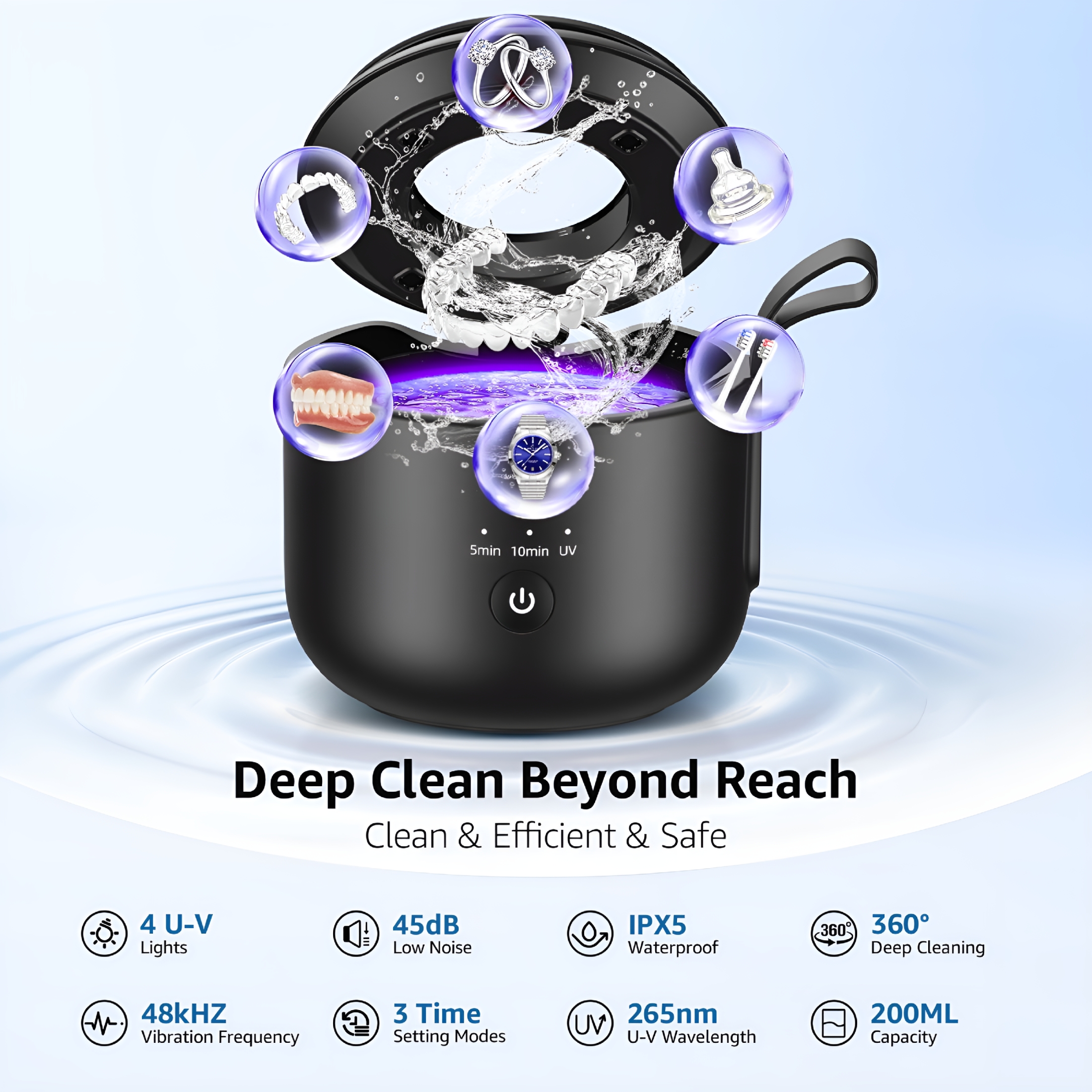 CURYMAY Ultrasonic Cleaner, 48kHz Rechargeable Cordless Jewelry Denture Cleaner Machine, 200ML Cleaning Pod for Jewelry, Rings, Glasses, Mouth Guard, Waterproof UV Cleaner with Digital Timer