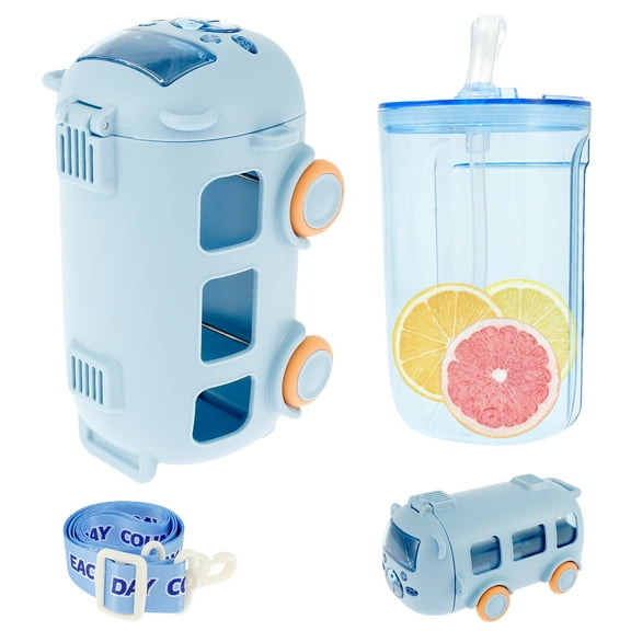 Water Cup in Bus Shape Leakproof Toy Bus Water Bottle 500ml Bus Shape Water Bottle Portable Kids Bus Water Bottle Creative Drinking Bottle with Straw Shoulder Strap for Boys Girls School Home