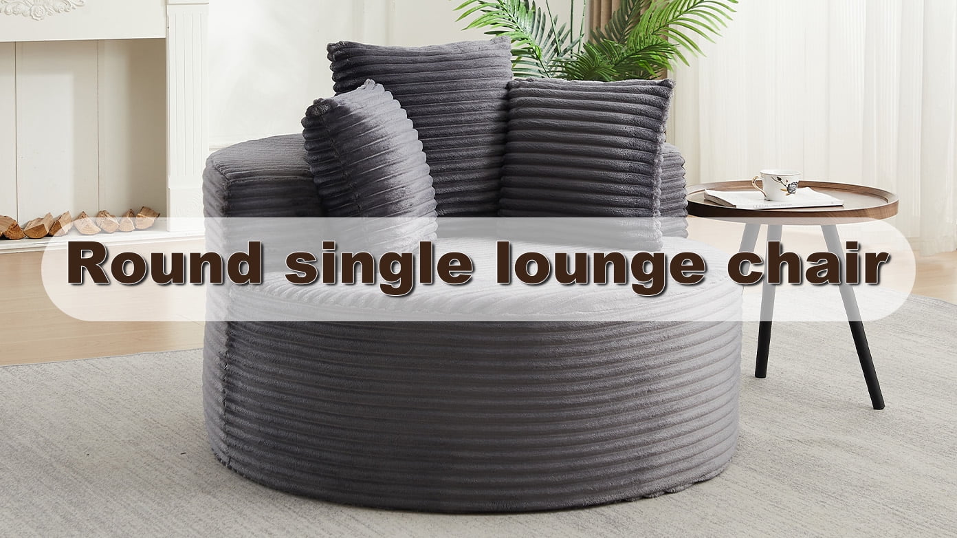 43 Inch Round Corduroy Single Sofa Lounge Chair with 3 Pillows, Spring Coil Filled Compressed Shipment Minimalist Accent Chair for Bedroom Living Room Game Room Lounge