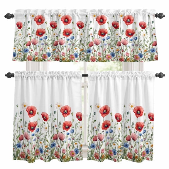 Red Poppy Flower Kitchen Curtains Sets for Windows 24 Inch Length, Blue Blooms Floral Country Boho Daisy Rod Pocket Window Treatments Tier Curtains and Valances Set for Bedroom/Bathroom