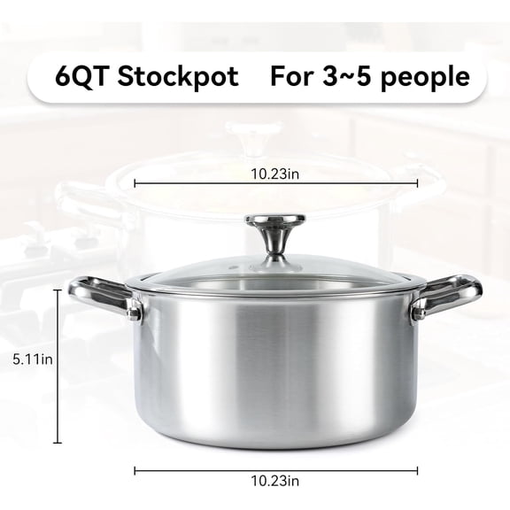 6QT Stainless Steel Stock Pot with Lid and Encapsulated Bottom- Professional Soup Pot - Thick Bottom Stockpot for Cooking, Stewing, and Canning, Dishwasher Safe