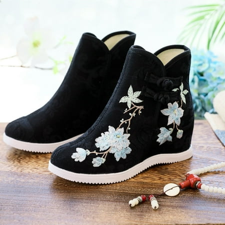 

Woman Casual Shoes Vintage Canvas Lady Embroidered Zipper Shoes Chinese Style Wedge Platform Shoes Hanfu Ancient Boots Women (Single 1806-07 black 5.5(CN36))