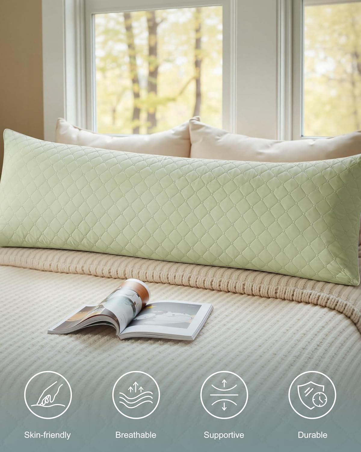 Parojati Long Body Pillow for Adults - Firm Body Pillow Insert with Shredded White Memory Foam, Adjustable Height, Soft Support for Side Sleeping, Pregnant Women, Washable (Green, 20x54 inch)