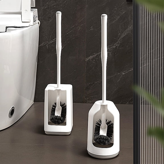 Toilet Brush with Holder Set – Angled Head, Flexible Bristles, Long Handle Plastic Toilet Bowl Cleaner, Quick-Dry Hygienic Base, White, 19.3 in
