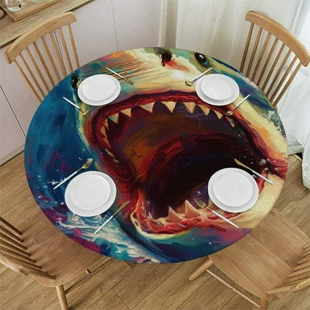 

YANMS Majestic White Shark Portrait Round Table Cover Waterproof Resistant Fabric 100% Polyester Fiber 38-42