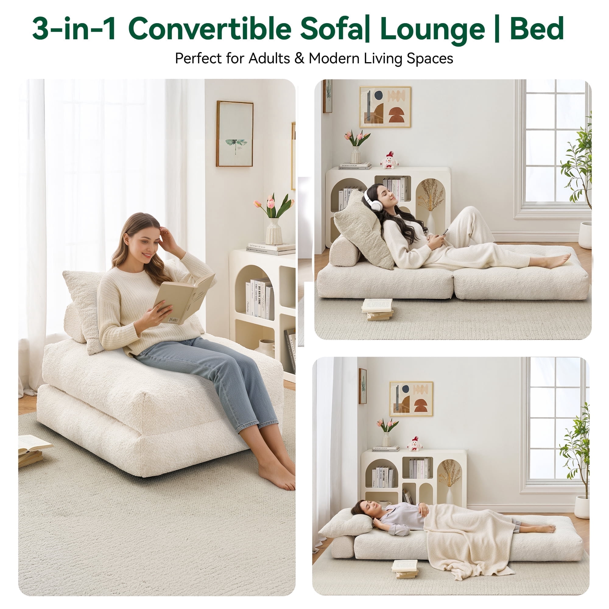 BEHOST 86" Large Futon Sofa Bed for Adults, 3-in-1 Convertible Folding  Chair Bed Sleeper Chair, Beige