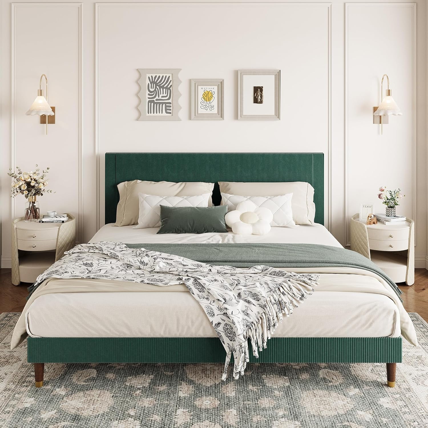 Acekid King Size Platform Bed Frame,Modern Bed Frame with Upholstered Headboard and Strong Metal Slats Support,No Boxing Spring Needed,Easy Assembly,Dark Green