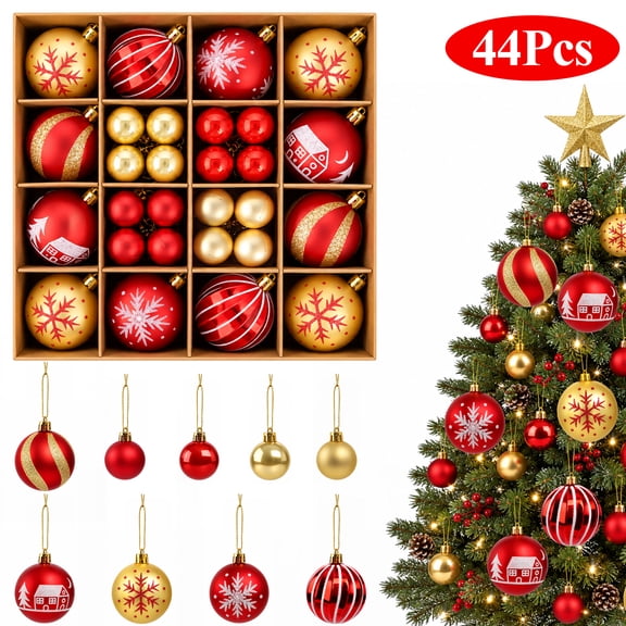 TARNIQOZ 44pcs Christmas Ornaments Set, Gold and Red Shatterproof Christmas Tree Balls Decorations, 9 Styles Hanging Plastic Baubles for Xmas Holiday Party