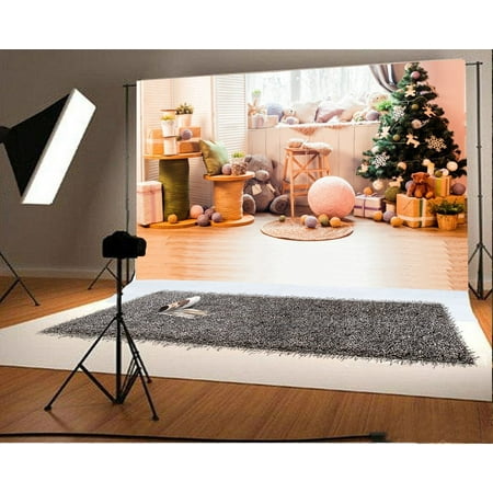 Image of MOHome 7x5ft Christmas Decoration Tree Backdrop Gifts Bear Window Baackrest Carpet Rustic Wood Floor Interior Photography Background Kids Children Adults Photo Studio Props