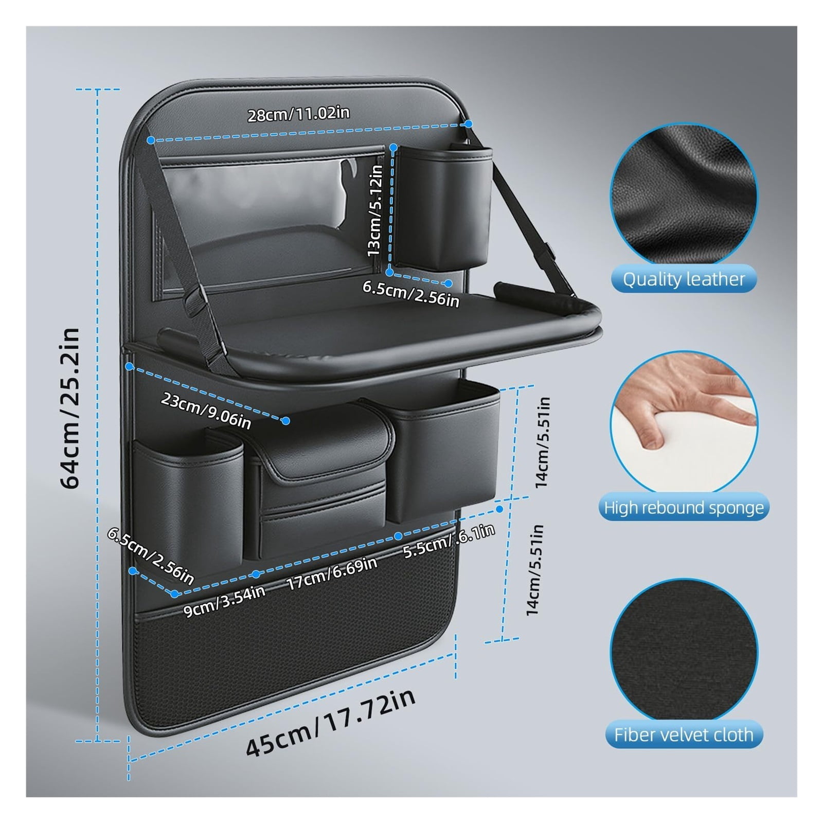 GUANGHUI Leather Car Backseat Organizer with Foldable Table Tray, Car Seat Back Protectors Kick Mats, Foldable Car Seat Organizer with Tablet Holder