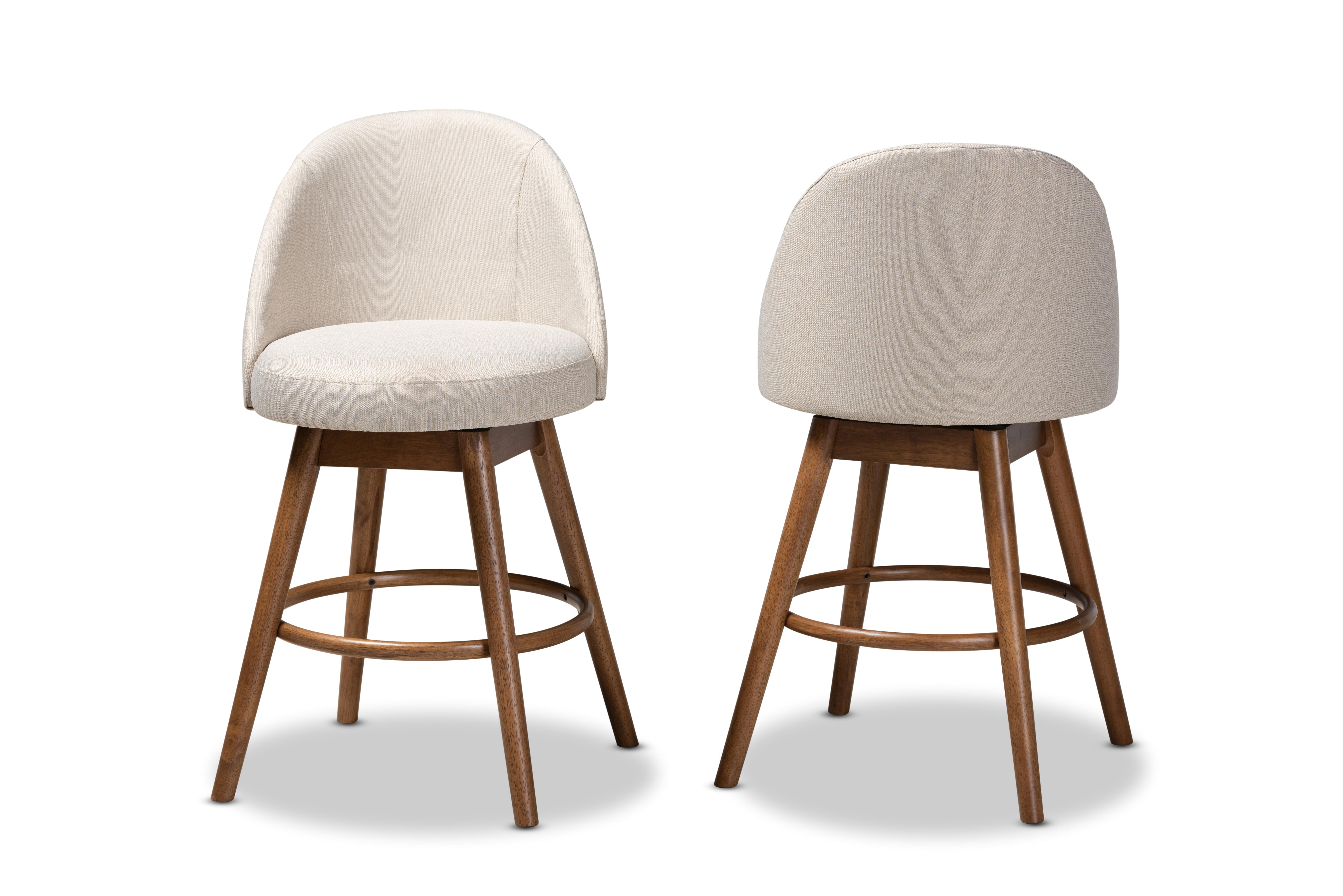 Set of 2 Baxton Studio Carra Mid-Century Modern Light Beige Fabric Upholstered Walnut-Finished Wood Swivel Counter Stool Set