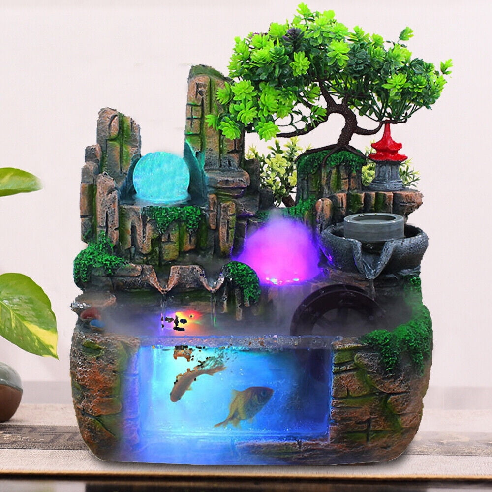 Wildnix Tabletop Fountain with LED Lights-Resin Waterfall Indoor Décor, Rockery Design with Fish Tank, Meditation Aid, Air Humidifier for Home and Office