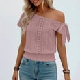 thumbnail image 5 of RRMuAzgs Crochet Knit Top for Women Ruffle Solid Color Off the Shoulder Blouses Summer Beach Vacation Clothes, 5 of 9